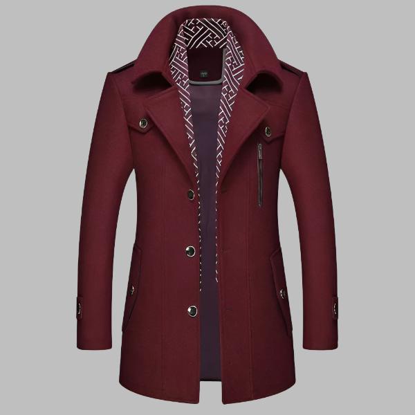 Burgunderroter Herrenmantel mit Knopfleiste, stilvollem Kragen und gemustertem Innenfutter. Eleganter Wintermantel für Herrenmode.