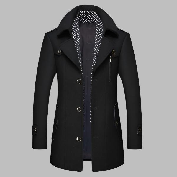 Schwarzer Herrenmantel mit Knöpfen, modernem Design und gemustertem Innenfutter. Eleganter Wintermantel für stilvolle Herrenmode.