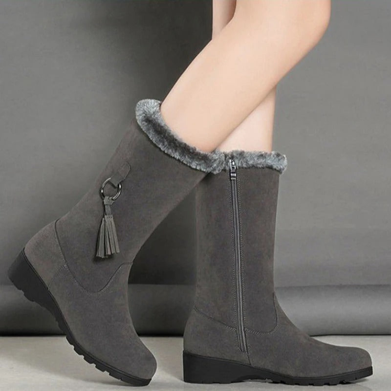 Omodo Stiefel | Bequeme oberschenkelhohe Stiefel mit Plüschbesatz, Reißverschluss und hohem Absatz für Frauen