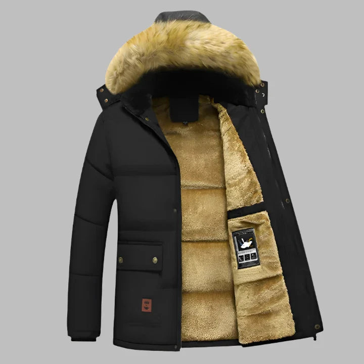 Schwarze Winterjacke mit Kapuze und Kunstfellfutter, warm und stilvoll, ideal für kalte Temperaturen. Perfekt für Herrenmode im Winter.