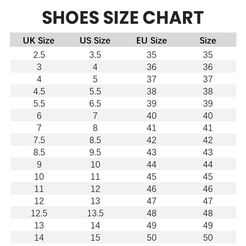 Schuhgrößentabelle mit UK-, US- und EU-Größen. Enthält Umrechnungen von Größe 2.5 bis 14 UK, 3 bis 15 US und 35 bis 50 EU. Ideal für Schuhkauf.