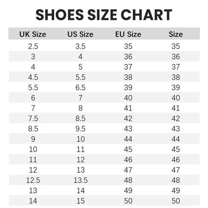 Schuhgrößentabelle mit UK-, US- und EU-Größen. Enthält Umrechnungen von Größe 2.5 bis 14 UK, 3 bis 15 US und 35 bis 50 EU. Ideal für Schuhkauf.