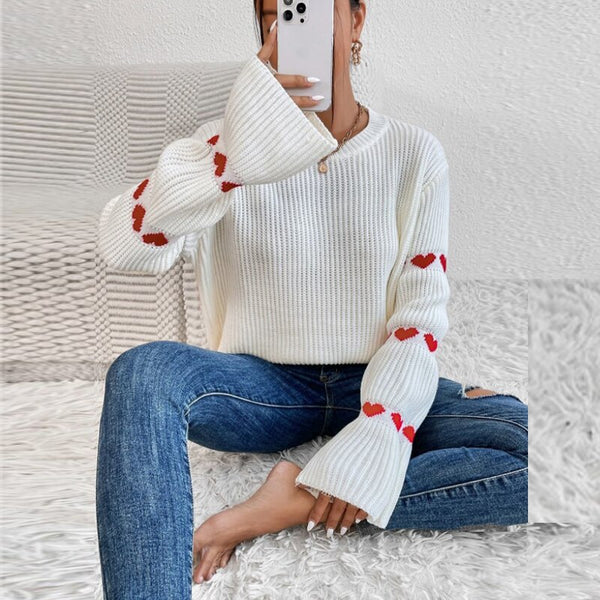 Love Sweater | Weißer Pullover mit Puffärmeln und Liebesherz-Design