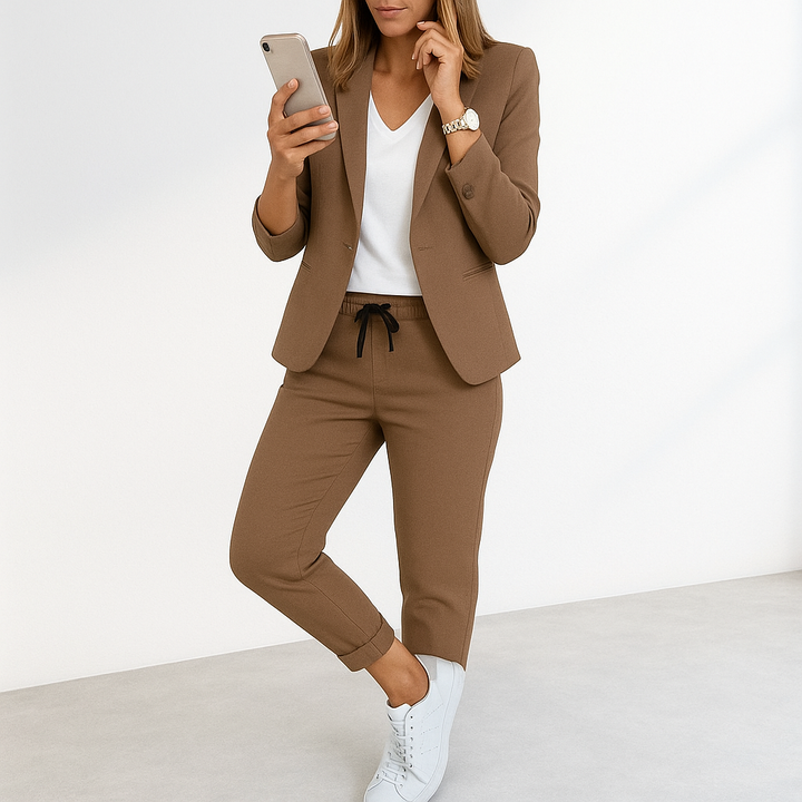 Frau im braunen Anzug mit Smartphone, weißem T-Shirt und Sneakers. Business-Casual-Look, moderne Mode, stilvolle Damenbekleidung.