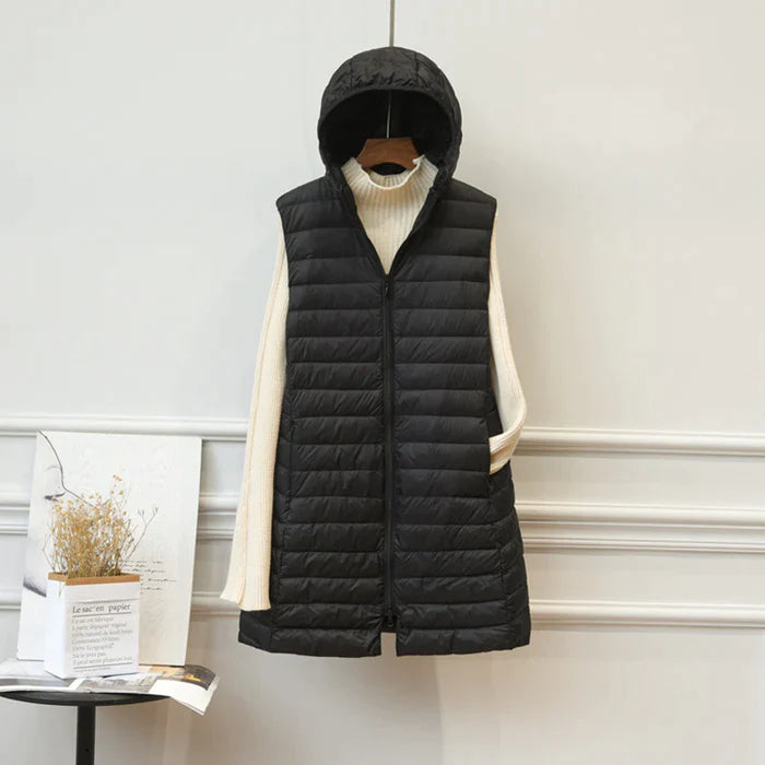 Lange Steppweste für Damen - Elegante Übergangsjacke mit Kapuze