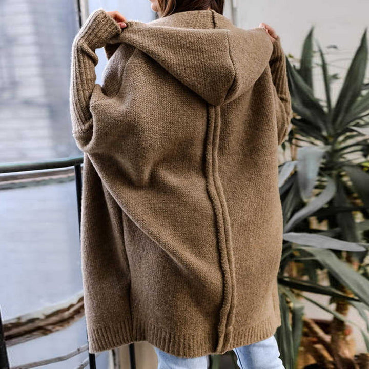 Frau in braunem Strick-Cardigan mit Kapuze, steht vor einem Fenster. Modischer Oversize-Pullover, gemütlicher Herbst-Look, Damenmode.