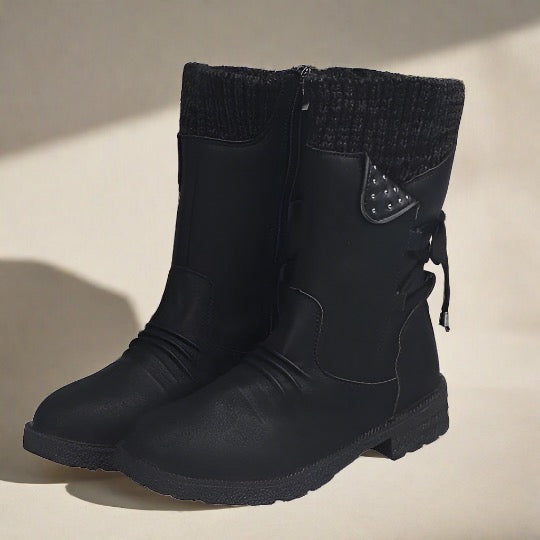 Schwarze Kinder-Winterstiefel mit Strickbündchen und Nieten, seitlicher Reißverschluss, rutschfeste Sohle, warm gefüttert, ideal für kalte Tage.
