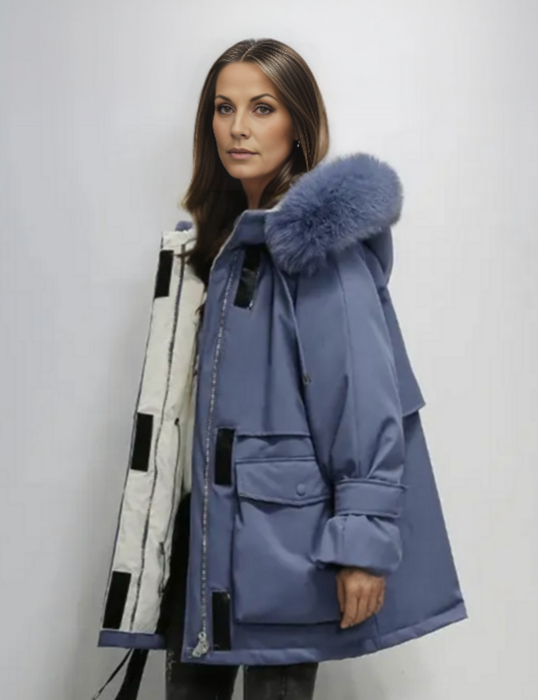 Frau in blauer Winterjacke mit Fellkapuze, modisches Design, warme Oberbekleidung, stilvolle Damenmode, Wintertrends 2023.