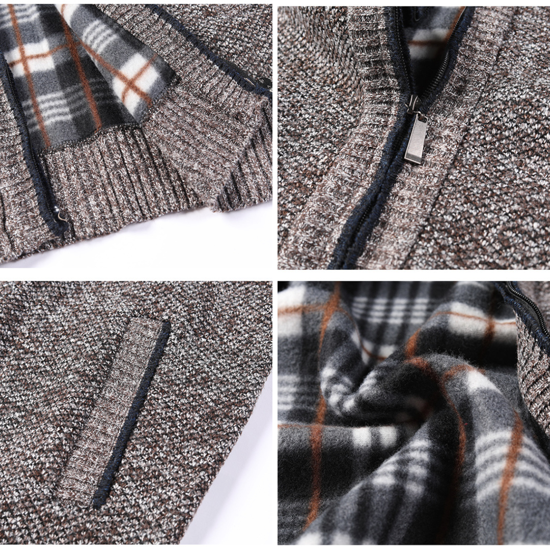 Nahaufnahme einer gestrickten Herrenjacke mit Reißverschluss, kariertem Innenfutter und Taschen. Modische Winterbekleidung, warm und stilvoll.