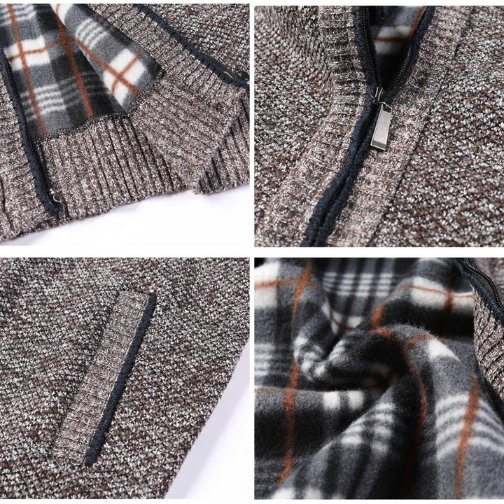 Nahaufnahme einer gestrickten Herrenjacke mit Reißverschluss, kariertem Innenfutter und Taschen. Modische Winterbekleidung, warm und stilvoll.
