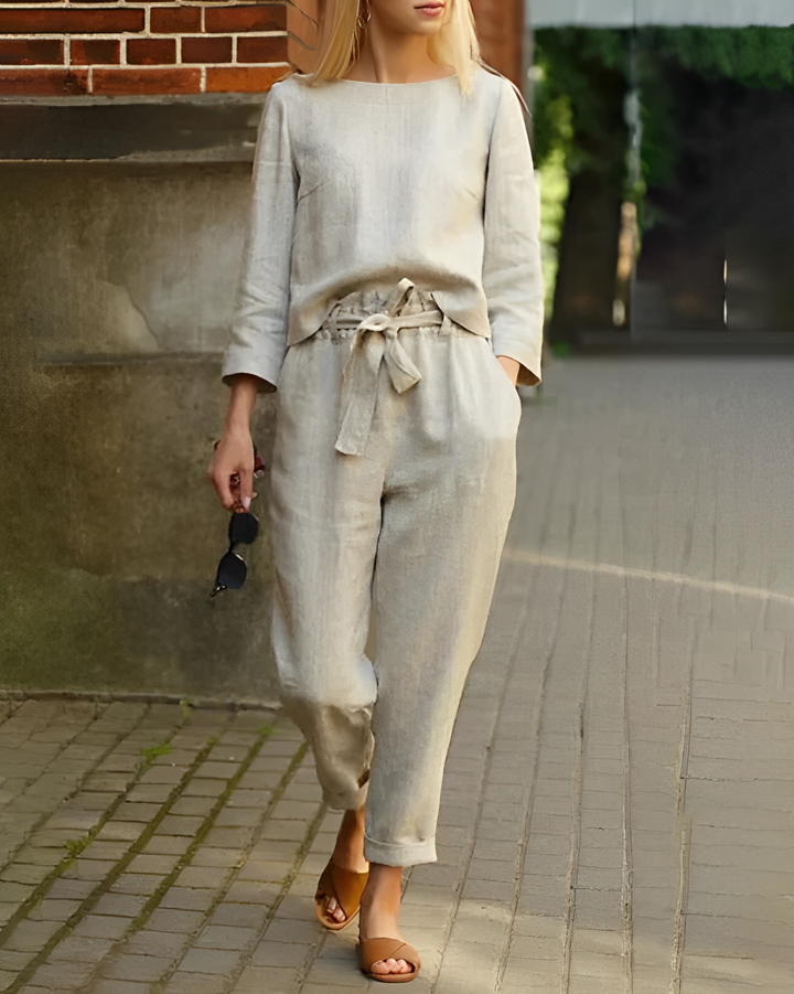 Zana Damen 2-tlg. Set | langärmeliges Oberteil und Hose mit Fliege