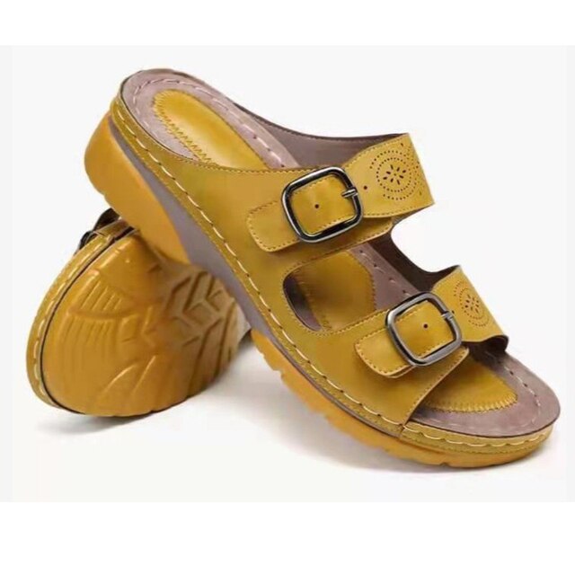 Gelbe Damen-Sandalen mit zwei Schnallen, ergonomisches Design, rutschfeste Sohle, ideal für Sommermode und bequemen Alltagsgebrauch.