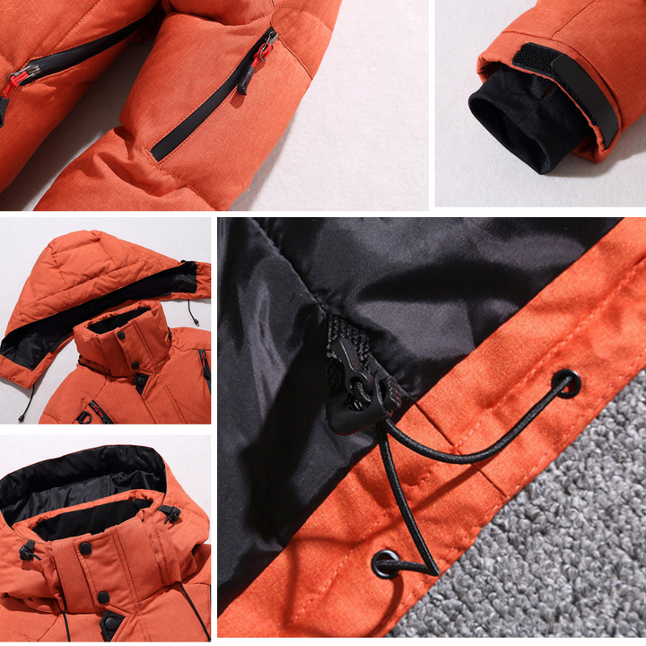 Orange Winterjacke mit Kapuze, Reißverschlüssen und Kordelzug. Detailansichten von Ärmeln, Futter und Kragen. Ideal für kaltes Wetter.