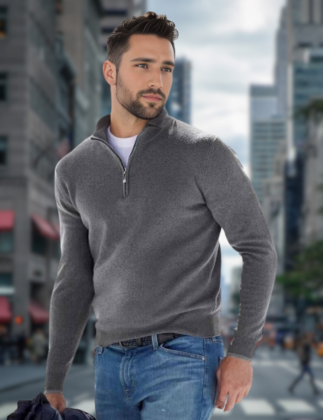 Mann in grauem Pullover und blauer Jeans in urbaner Umgebung. Mode, Herrenbekleidung, Stadt, Freizeitlook, stilvoller Mann.