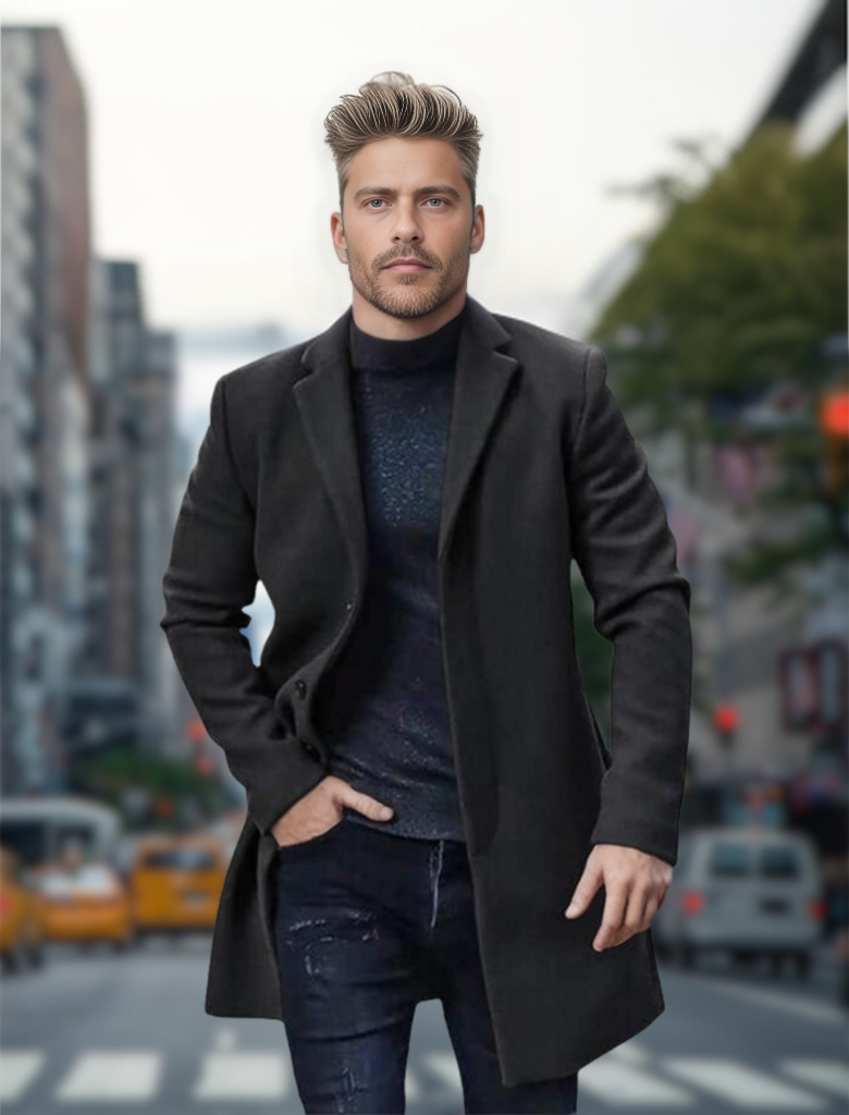 Mann in schwarzem Mantel und Jeans auf belebter Stadtstraße, Hintergrund mit unscharfen Gebäuden und gelben Taxis, modischer urbaner Look.