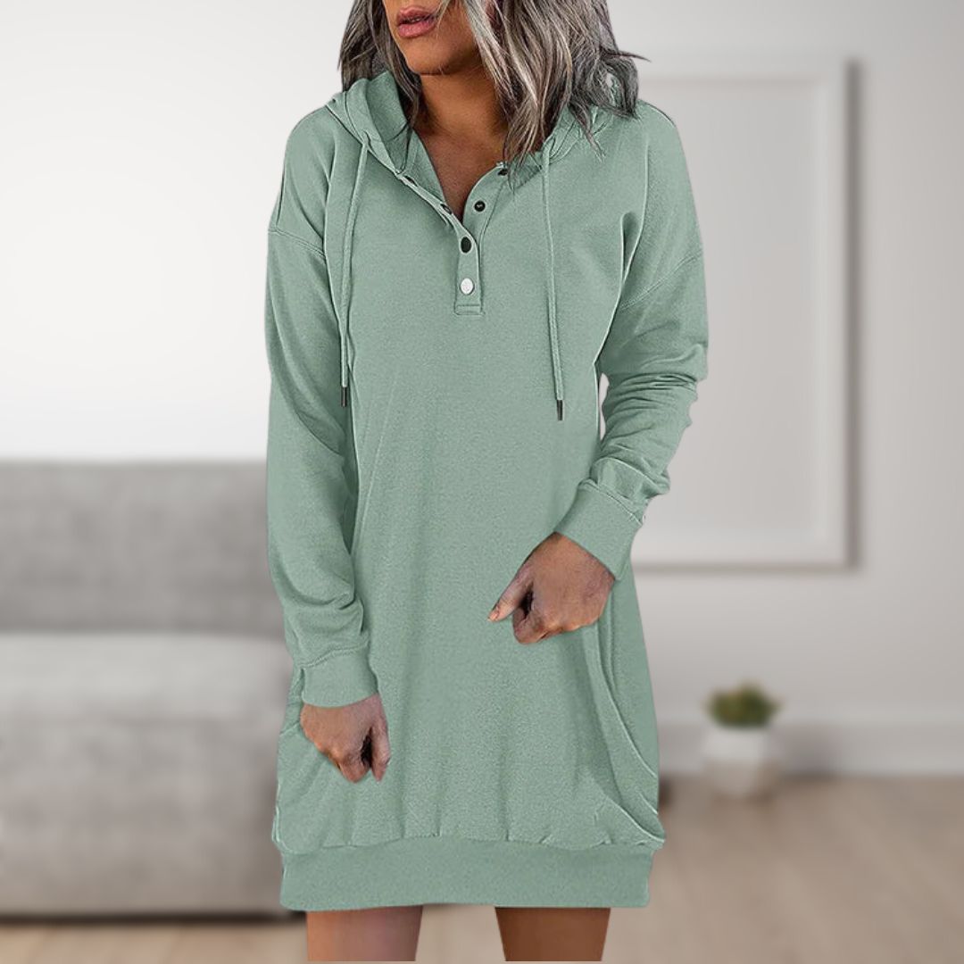 Grünes Kapuzenkleid für Damen, lässig und bequem, ideal für Freizeitmode. Perfekt für den Herbst, mit Knopfleiste und langen Ärmeln.