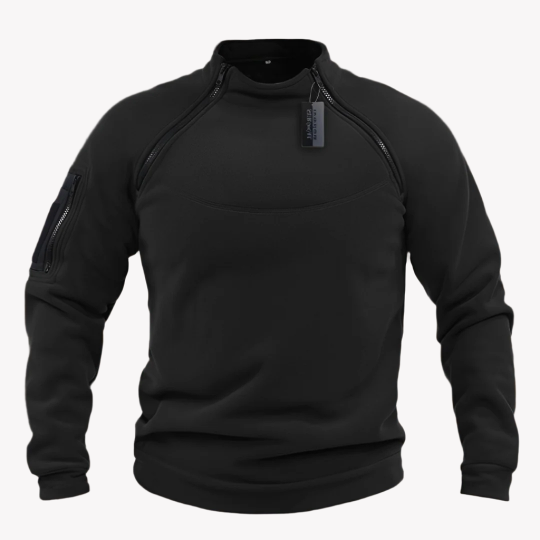 Schwarzer taktischer Pullover mit Reißverschlüssen und Armtasche, ideal für Outdoor-Aktivitäten. Funktionale Herrenbekleidung auf weißem Hintergrund.
