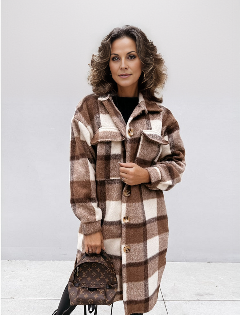 Kylie Jacke | Luxuriöse Lange Wolljacke mit Karomuster für Frauen