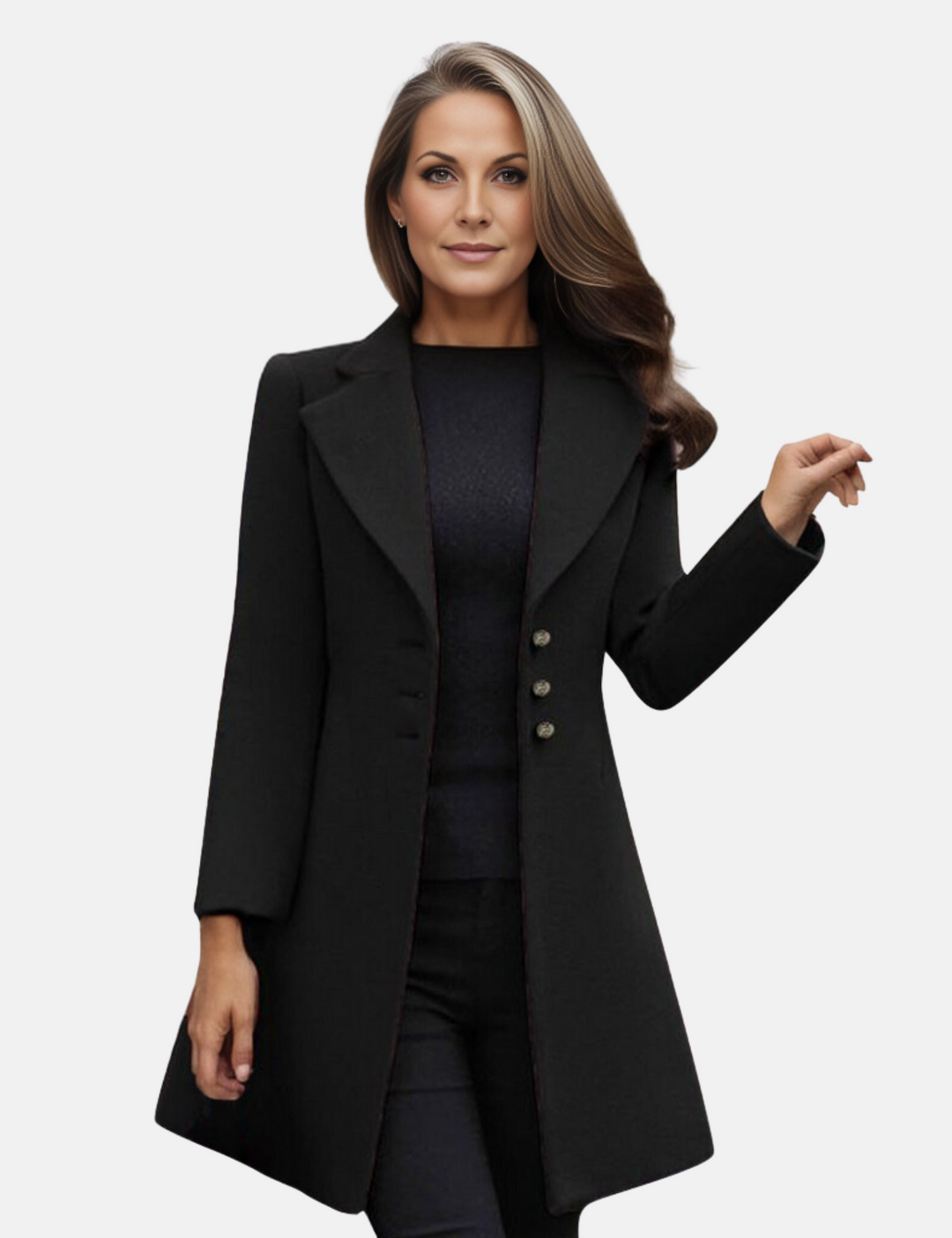Eleganter Damenmantel in Schwarz, klassischer Schnitt, drei Knöpfe, ideal für Herbstmode, stilvoll und zeitlos, perfekt für Business und Freizeit.