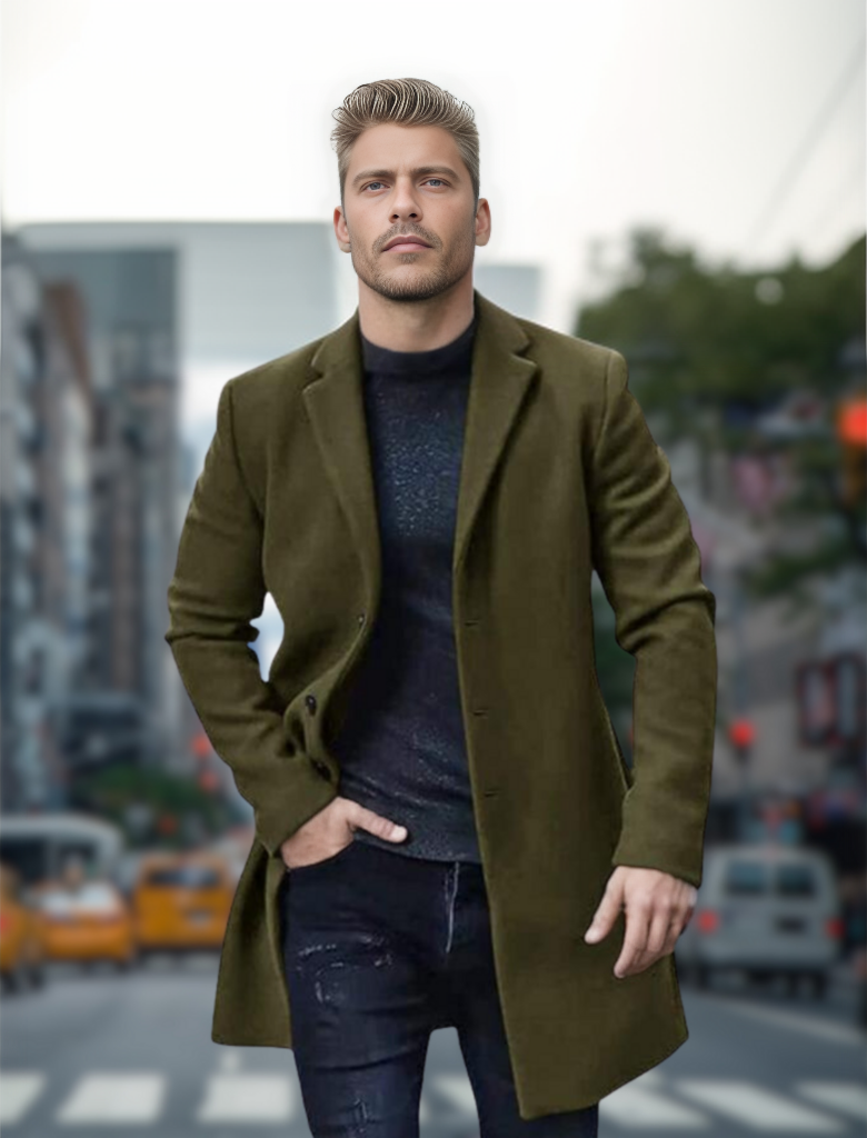 Junger Mann in olivgrünem Mantel und Jeans auf belebter Stadtstraße, moderne Mode, urbane Kulisse, stilvoller Look, trendige Herrenbekleidung.