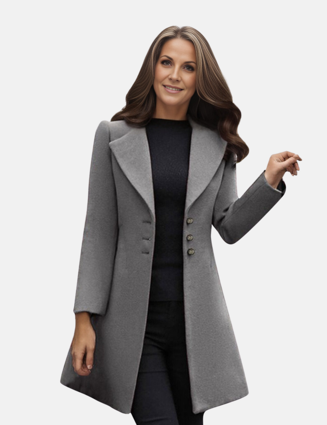 Frau in elegantem grauem Mantel mit Knöpfen, schwarzem Oberteil und Hose. Modischer Herbst-Look, stilvolle Damenbekleidung, klassisches Design.