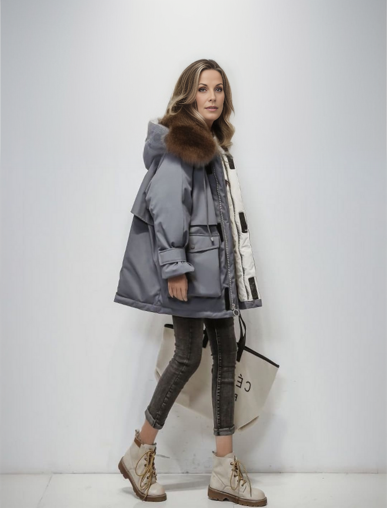 Frau in grauem Wintermantel mit Pelzkragen, trägt schwarze Jeans und weiße Stiefel, hält eine große Einkaufstasche. Mode, Winterkleidung, Damenoutfit.