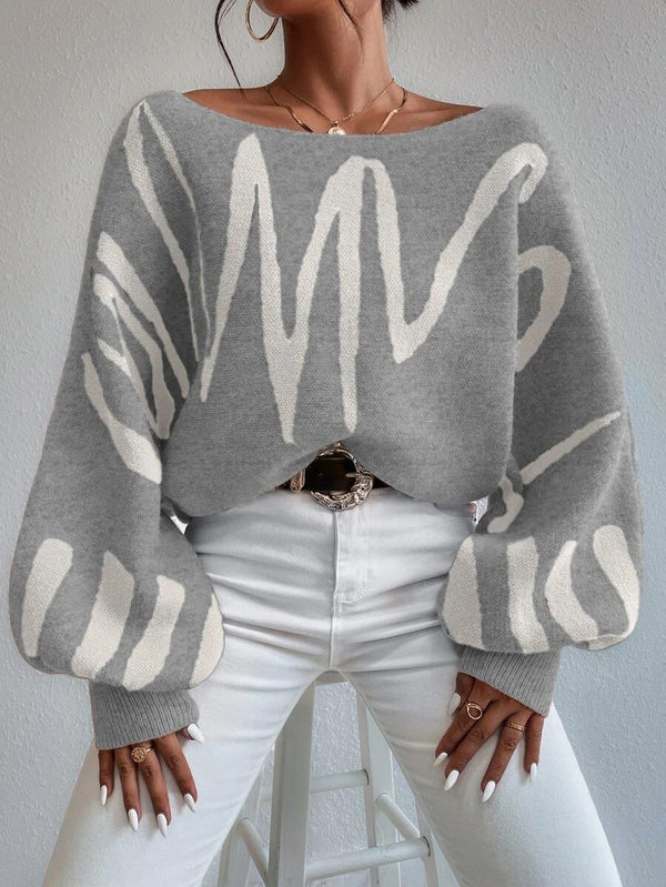 Emily Pullover | Hellgrauer schulterfreier Oversized-Pullover mit Puffärmeln