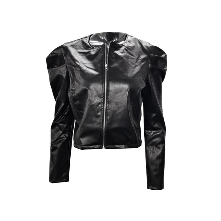 Schwarze Lederjacke mit Reißverschluss und gepufften Schultern, modisch und elegant, ideal für Damenmode und trendige Outfits.