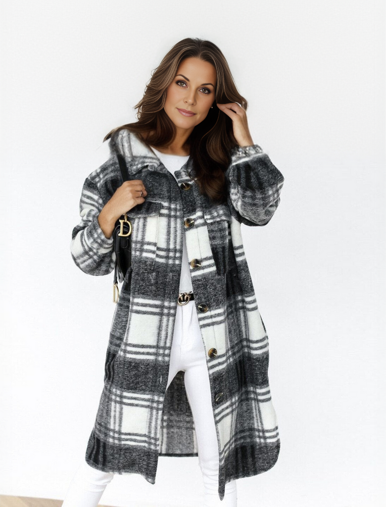Kylie Jacke | Luxuriöse Lange Wolljacke mit Karomuster für Frauen