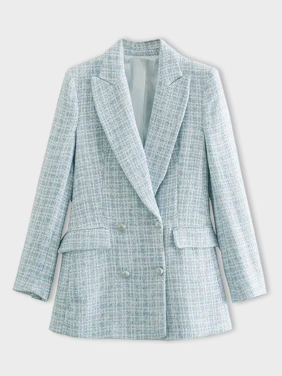 Tweedy Blazer für Damen – Modische taillierte Übergangsjacke in Hellblau