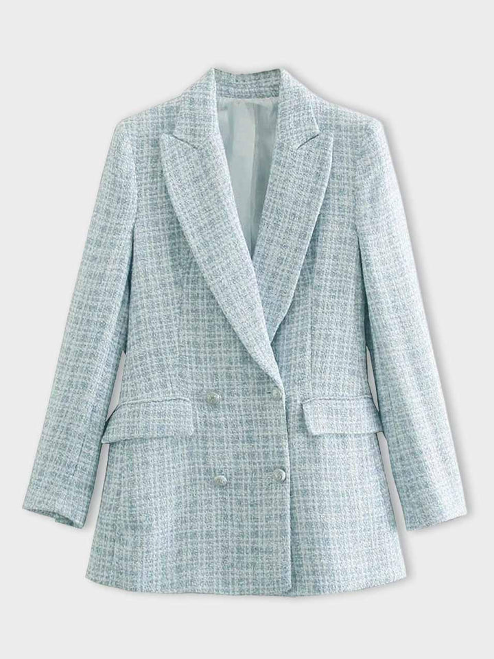 Tweedy Blazer für Damen – Modische taillierte Übergangsjacke in Hellblau