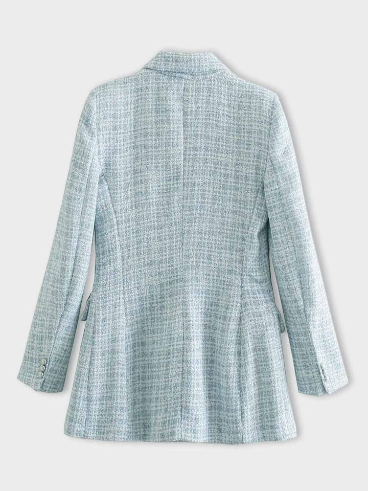 Tweedy Blazer für Damen – Modische taillierte Übergangsjacke in Hellblau