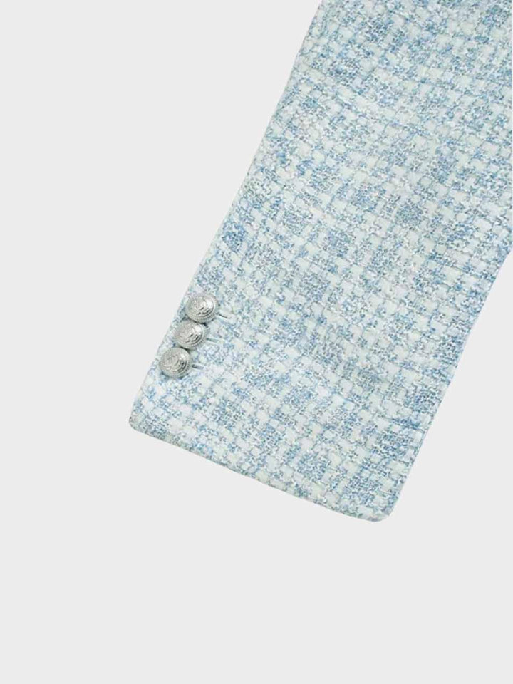 Tweedy Blazer für Damen – Modische taillierte Übergangsjacke in Hellblau