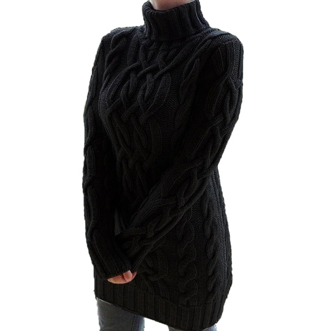 Schwarzer Damen-Strickpullover mit Zopfmuster und Rollkragen, langärmelig, modisch und warm, ideal für Herbst- und Wintermode.