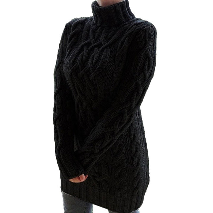 Schwarzer Damen-Strickpullover mit Zopfmuster und Rollkragen, langärmelig, modisch und warm, ideal für Herbst- und Wintermode.