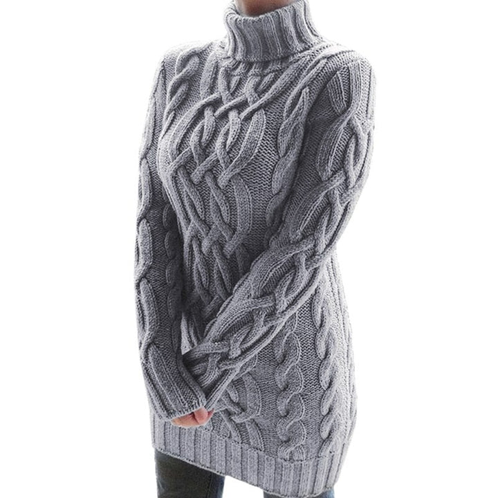 Grauer Strickpullover mit Zopfmuster, Rollkragen und langen Ärmeln. Modischer Damenpullover für Herbst und Winter. Bequem und warm.