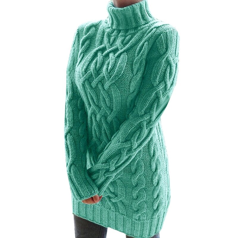 Grüner Strickpullover Damen, Zopfmuster, Rollkragen, langärmelig, modisch, warm, Wintermode, gemütlich, stilvoll, hochwertig.