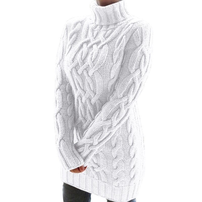 Weiße Strickpullover Damen, Zopfmuster, Rollkragen, langärmelig. Modischer Winterpullover, warm und stilvoll. Ideal für kalte Tage.