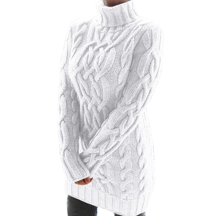 Weiße Strickpullover Damen, Zopfmuster, Rollkragen, langärmelig. Modischer Winterpullover, warm und stilvoll. Ideal für kalte Tage.