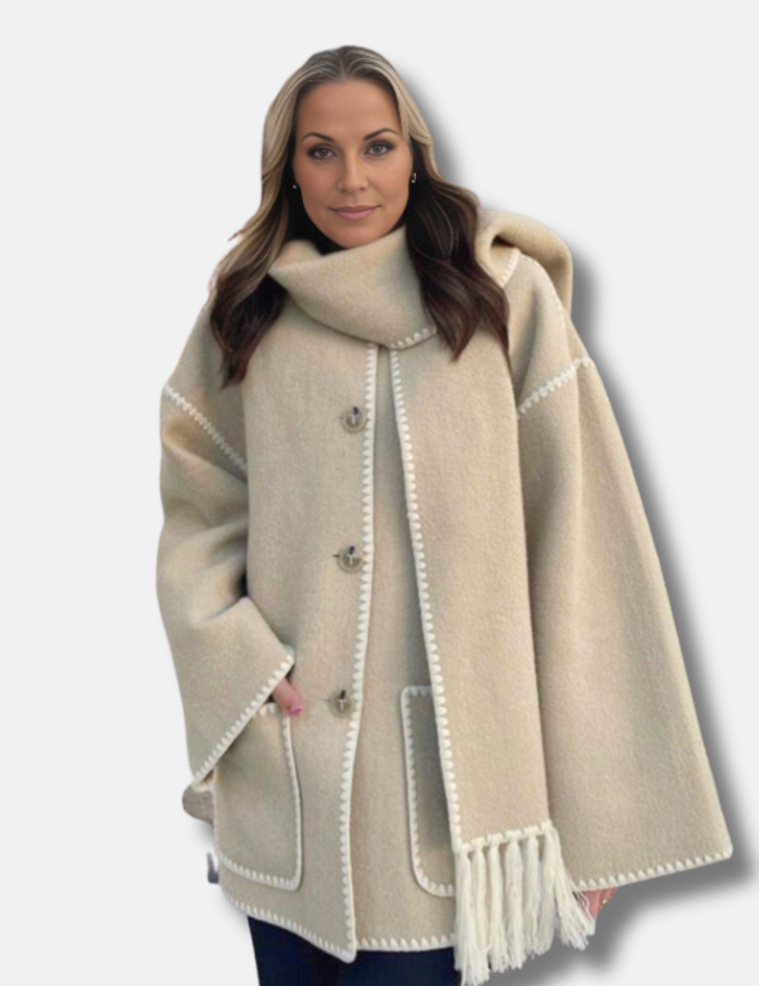 Frau in beigem Wollmantel mit Kapuze und Fransen, modisch und elegant. Perfekt für Herbstmode, Damenbekleidung, stilvolle Outfits.