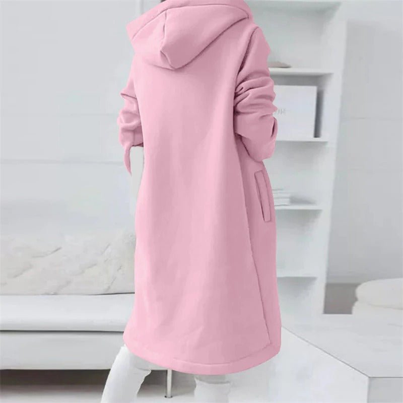 Rosa Damen-Hoodie-Mantel, lang und lässig, mit Kapuze und Taschen, ideal für Herbstmode und gemütliche Freizeitkleidung.